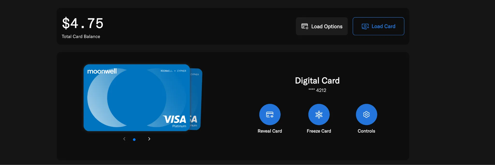 Moonwell card page showing the card balance and Load Options button