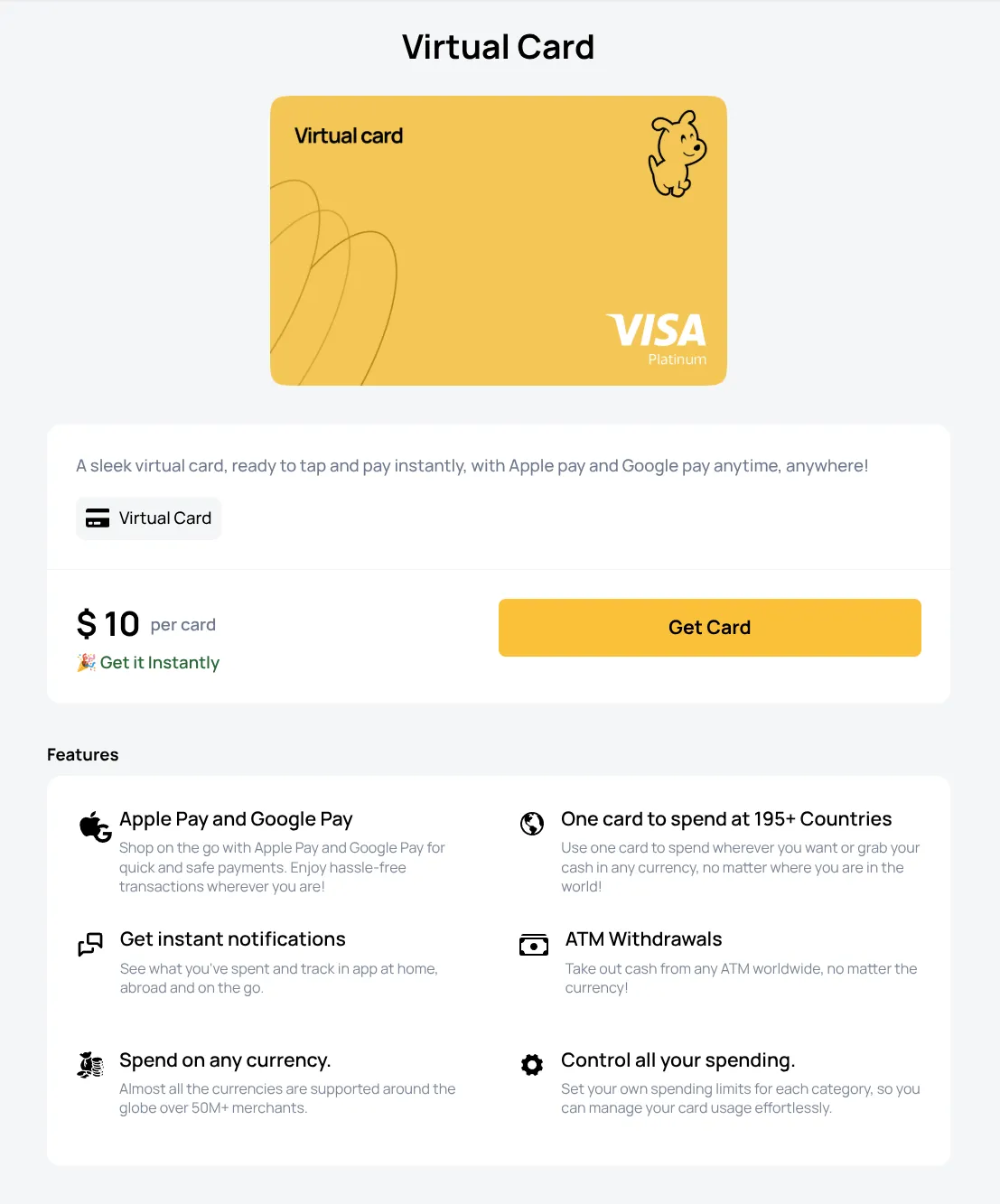 Interface for ordering a new virtual card with the $10 cost displayed