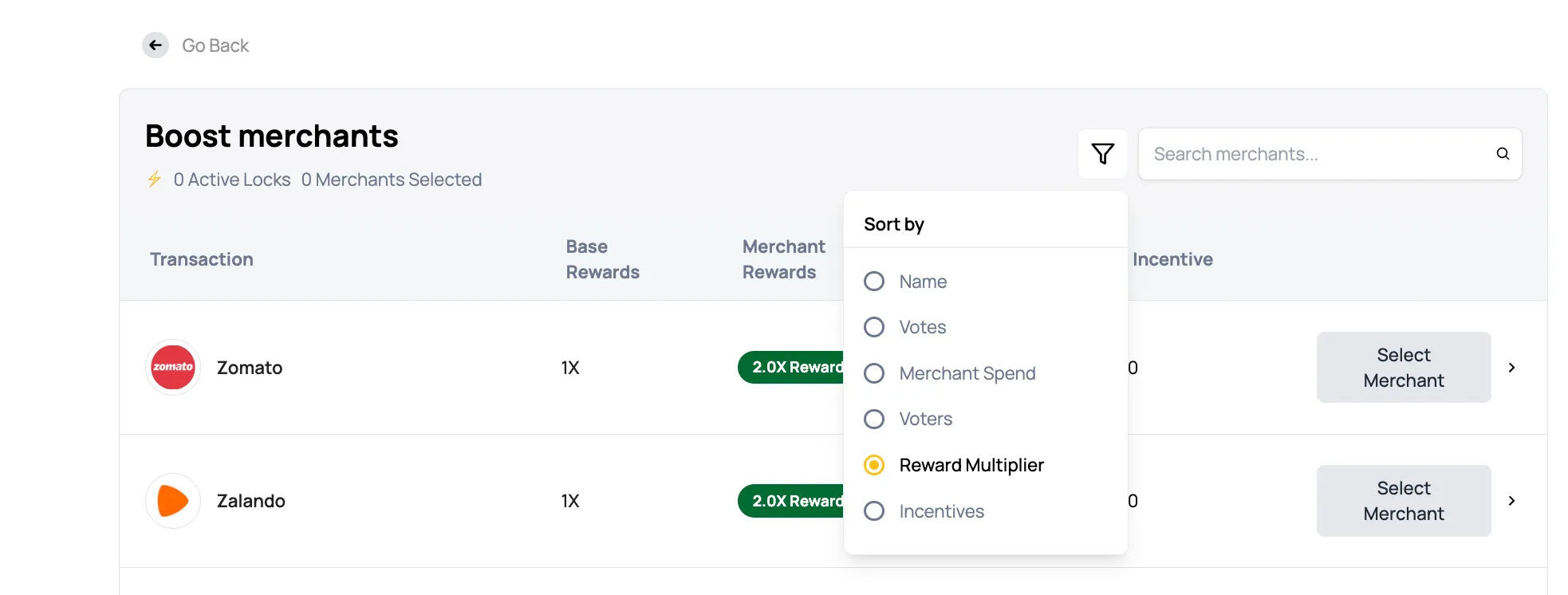 Merchants bonuses screen with the Rewards Multiplier filter applied to show boosted brands