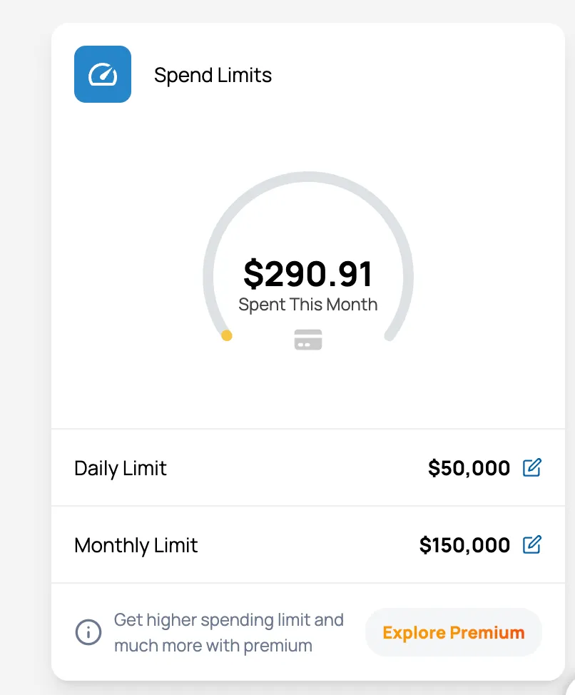Card controls interface showing adjustable daily and monthly spending limits with edit icons