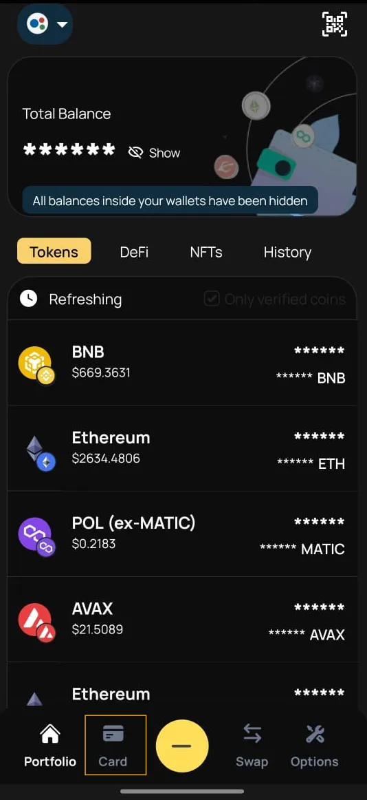 Cypher app dashboard showing the Cards tab