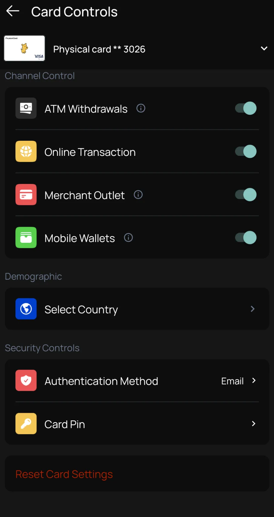 Interface showing the Controls menu with the option to set a PIN for the physical card