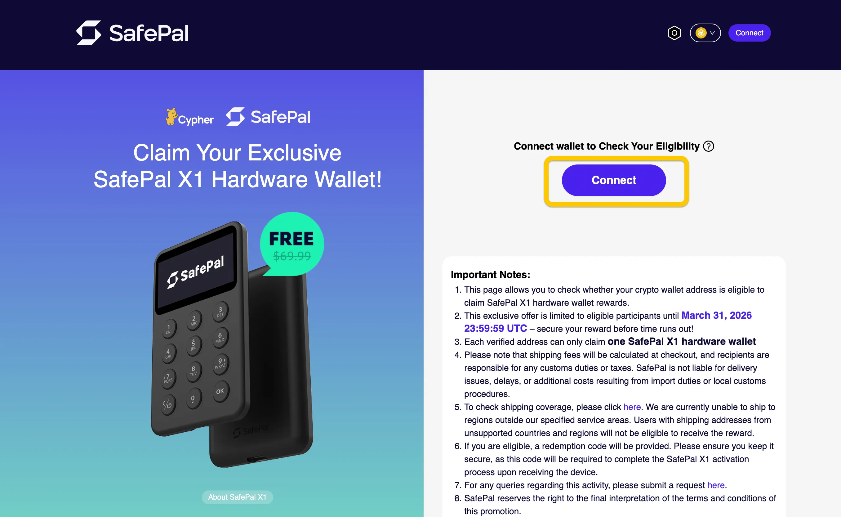 SafePal claim page showing the Connect button to check eligibility