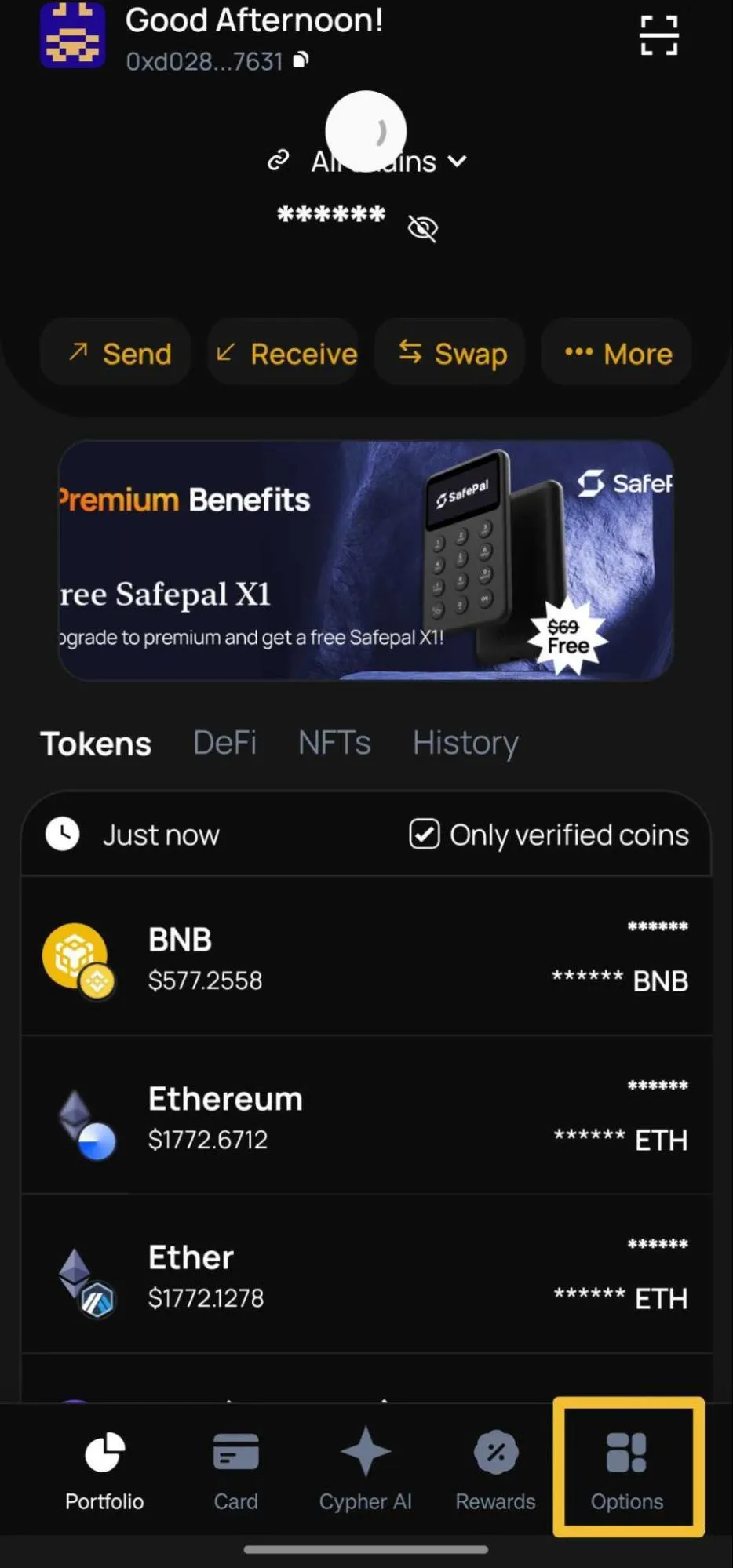 Cypher app portfolio screen with the Options tab highlighted in the bottom navigation