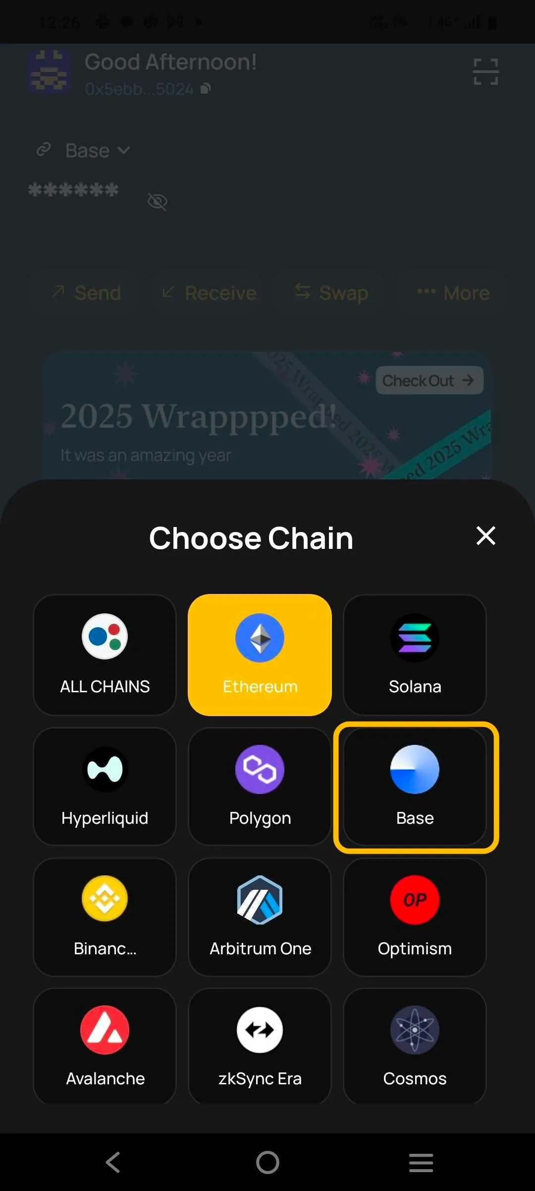 Network selection screen for receiving funds (e.g., Ethereum, Solana, Base)