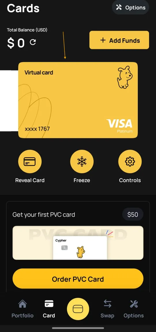 Selection screen for physical or virtual Cypher cards