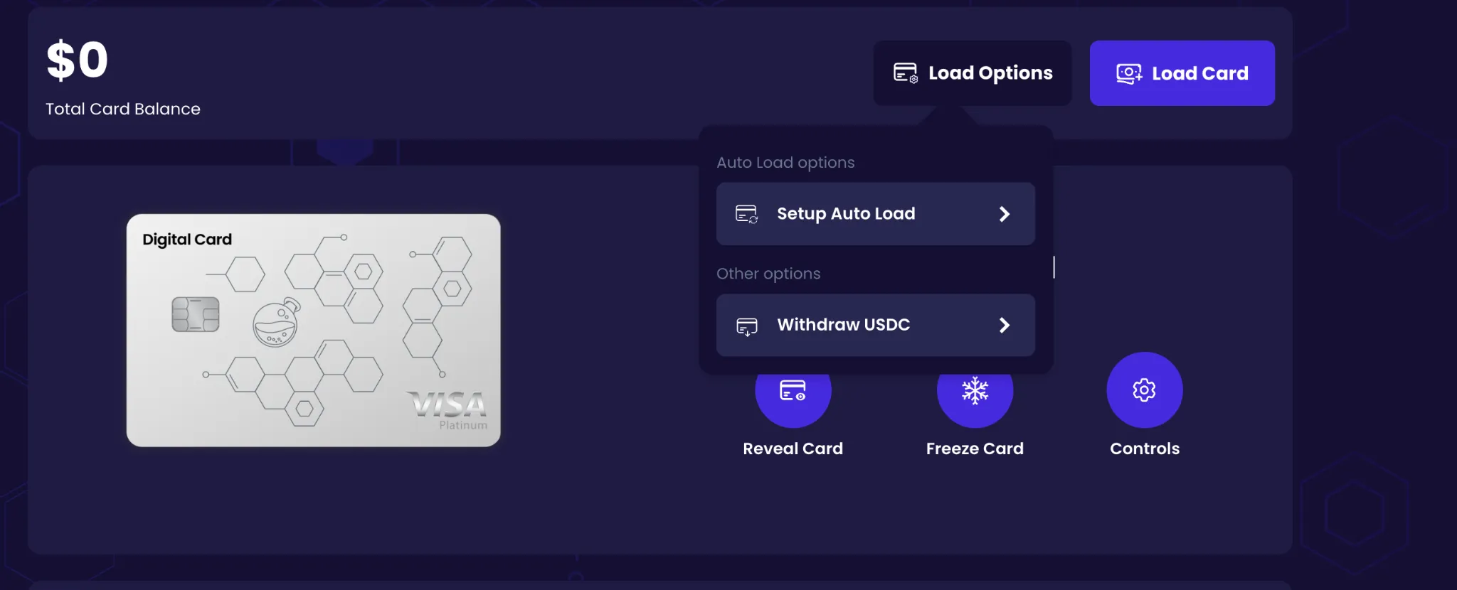 Osmosis card page with the Load Options menu open and Withdraw USDC available