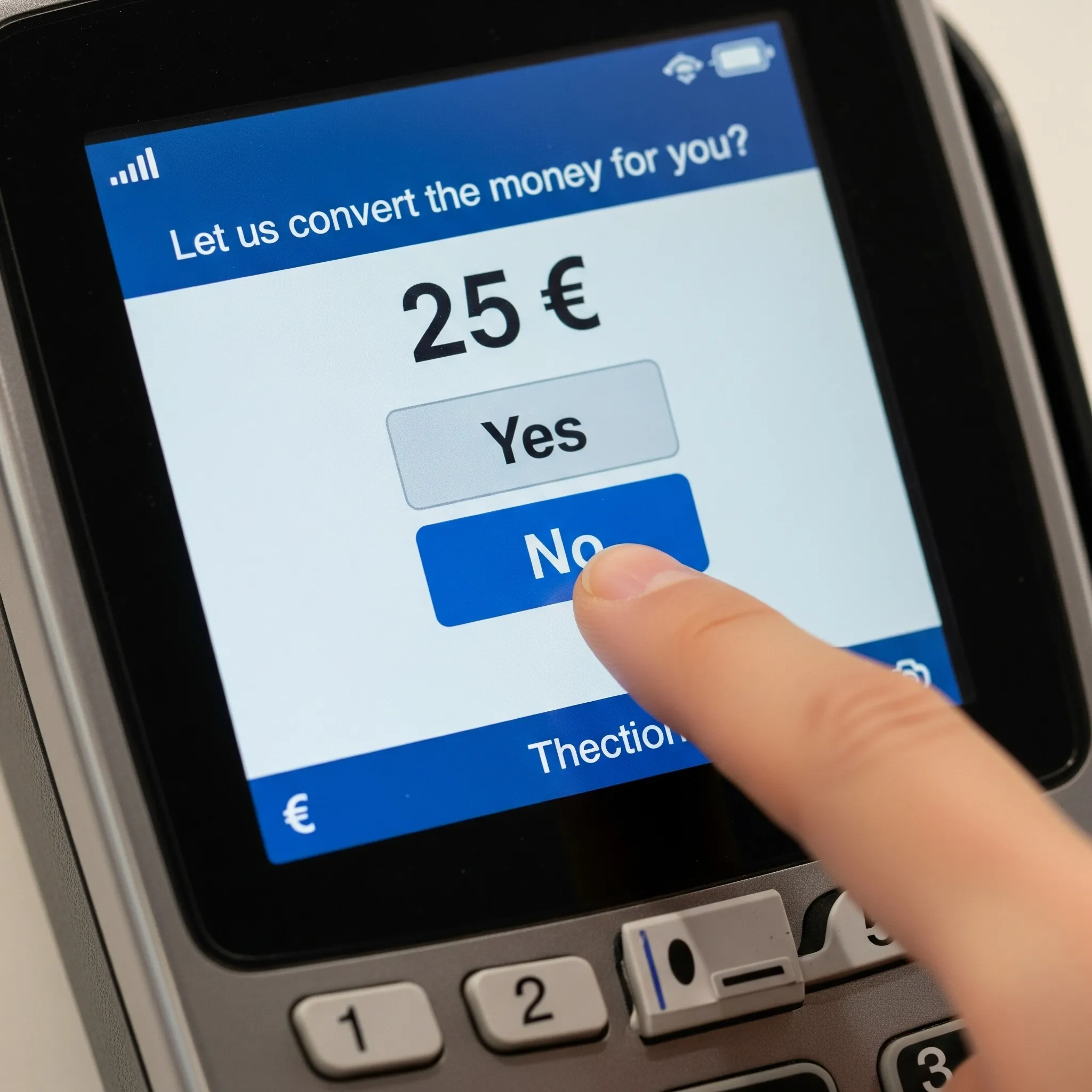 Card terminal screen showing an option to pay in local currency or home currency