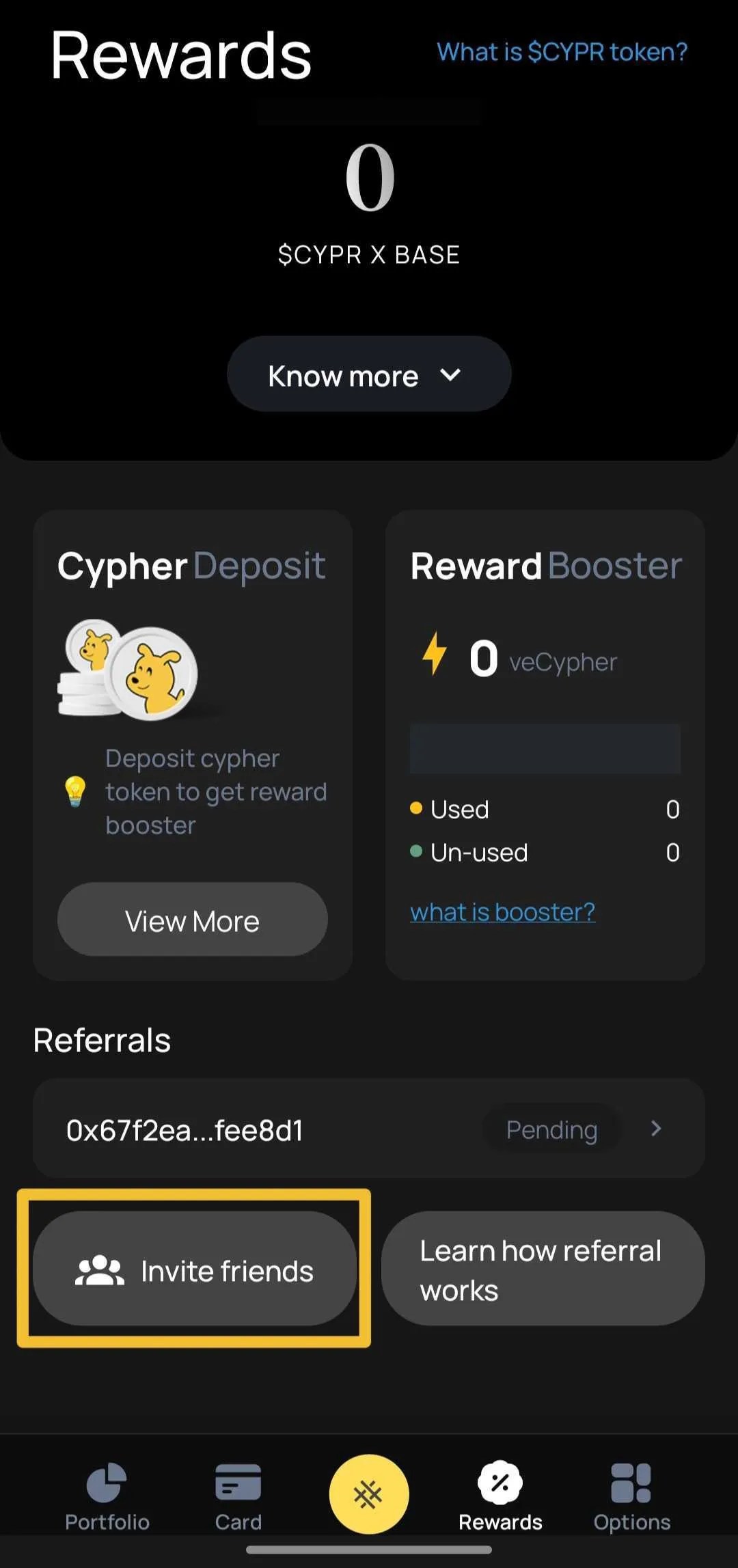 Rewards tab showing various reward categories including Referrals