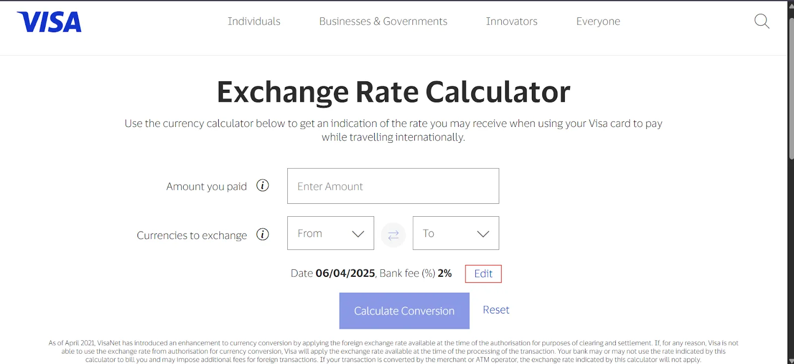 Visa Exchange Rate Calculator with the transaction date selection highlighted