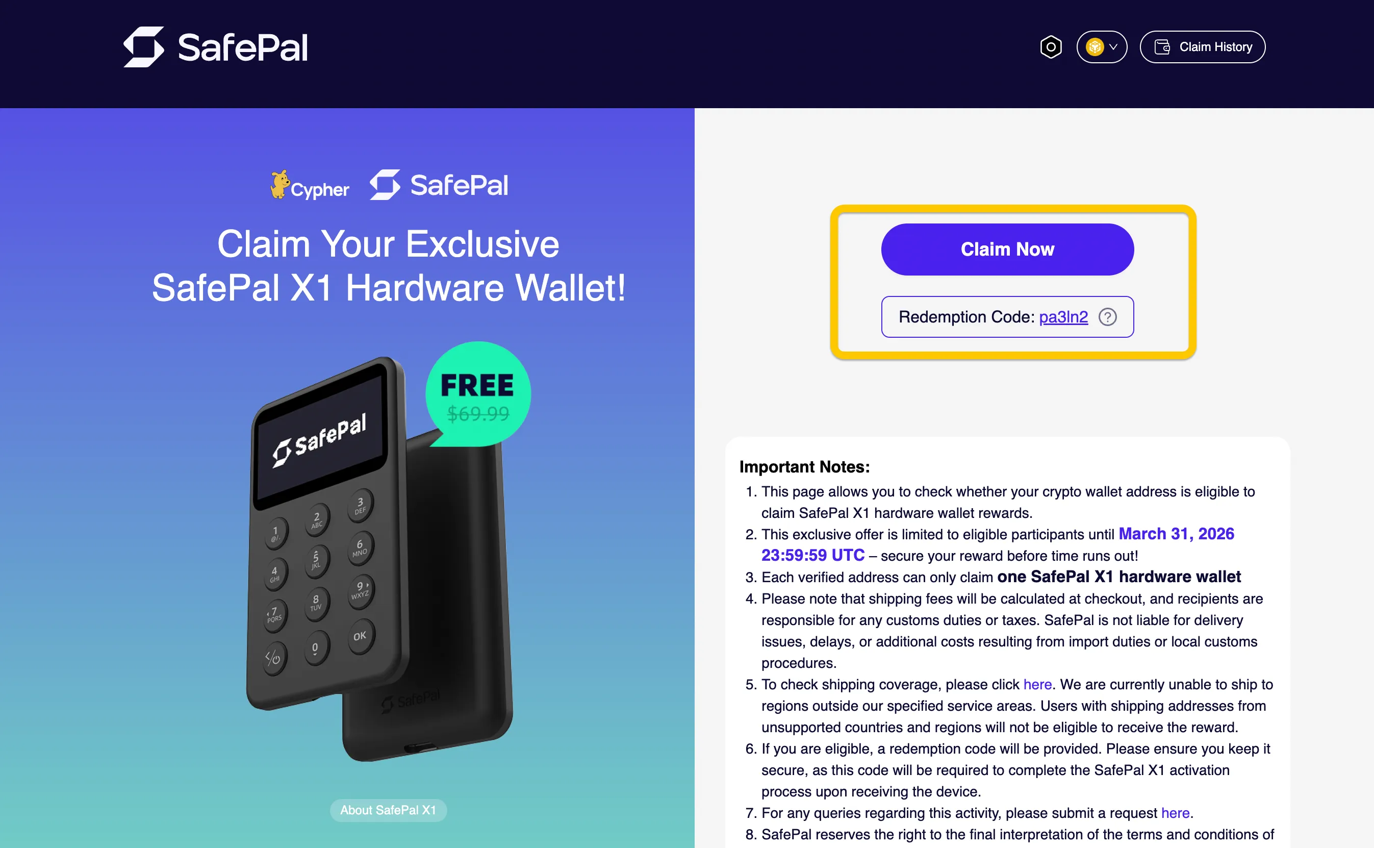 Eligibility confirmation screen on the SafePal claim page