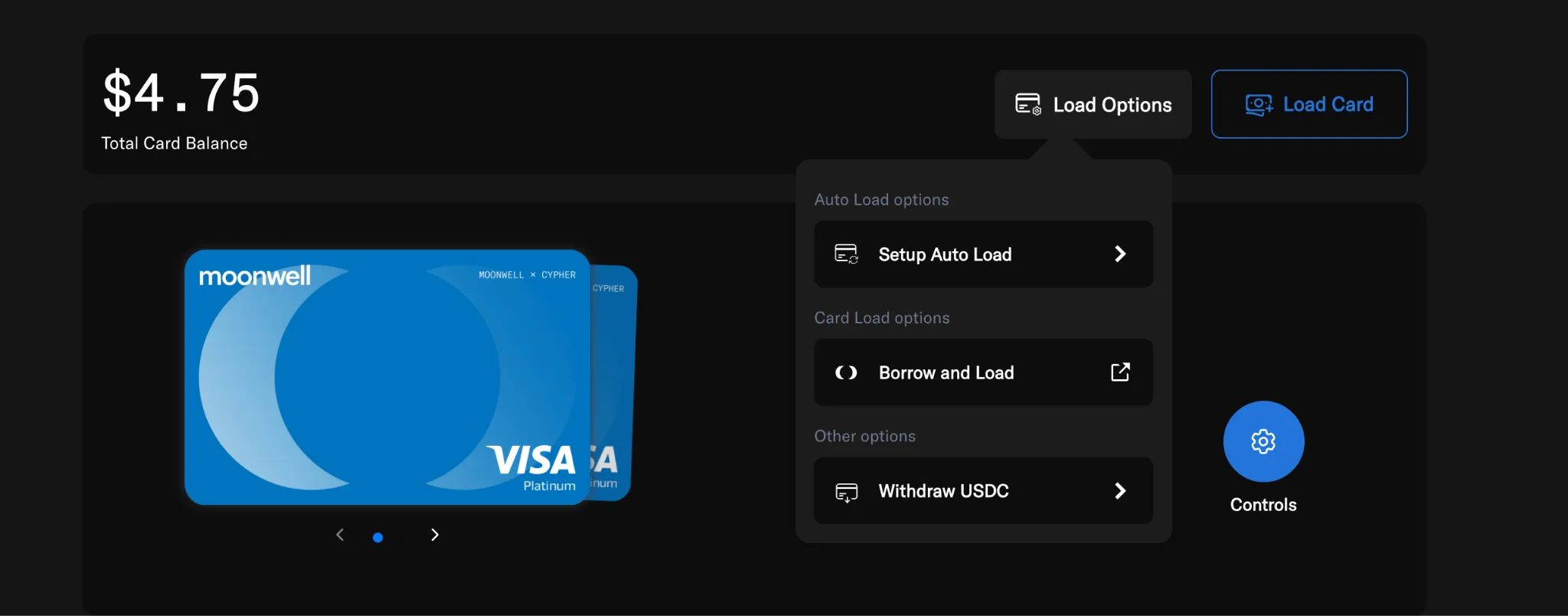 Moonwell card page with the Load Options menu open and Withdraw USDC available