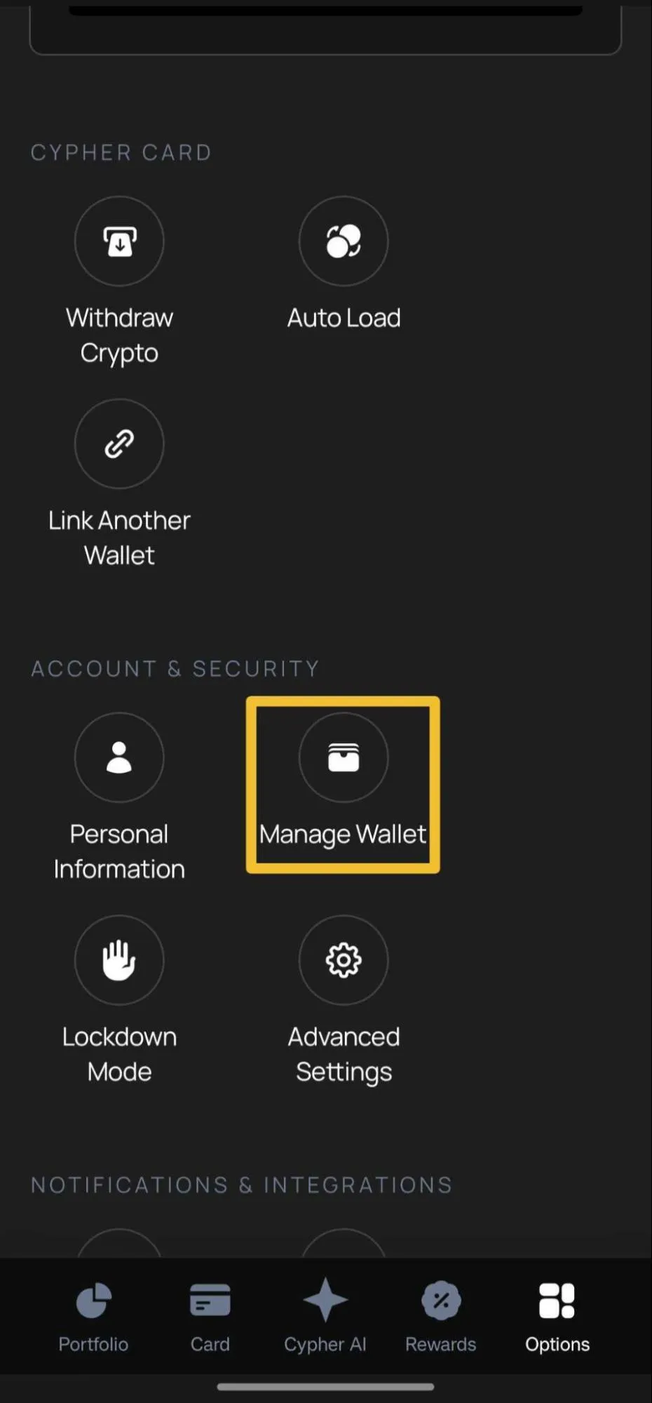 Options screen with Manage Wallet highlighted under Account & Security