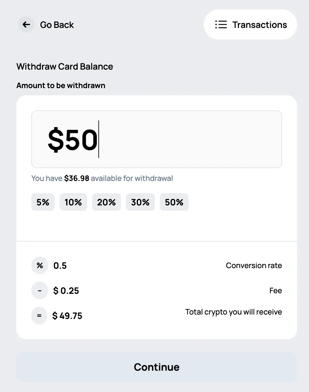 Input screen to enter the amount for card balance withdrawal