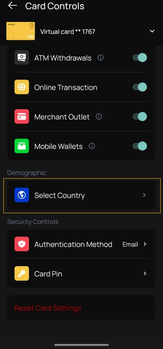 Demographic section in card controls with the Select Country option