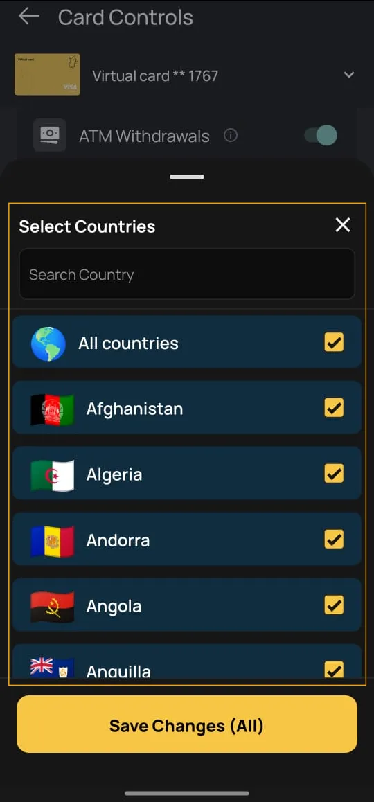 Search interface to find and select a country to allow
