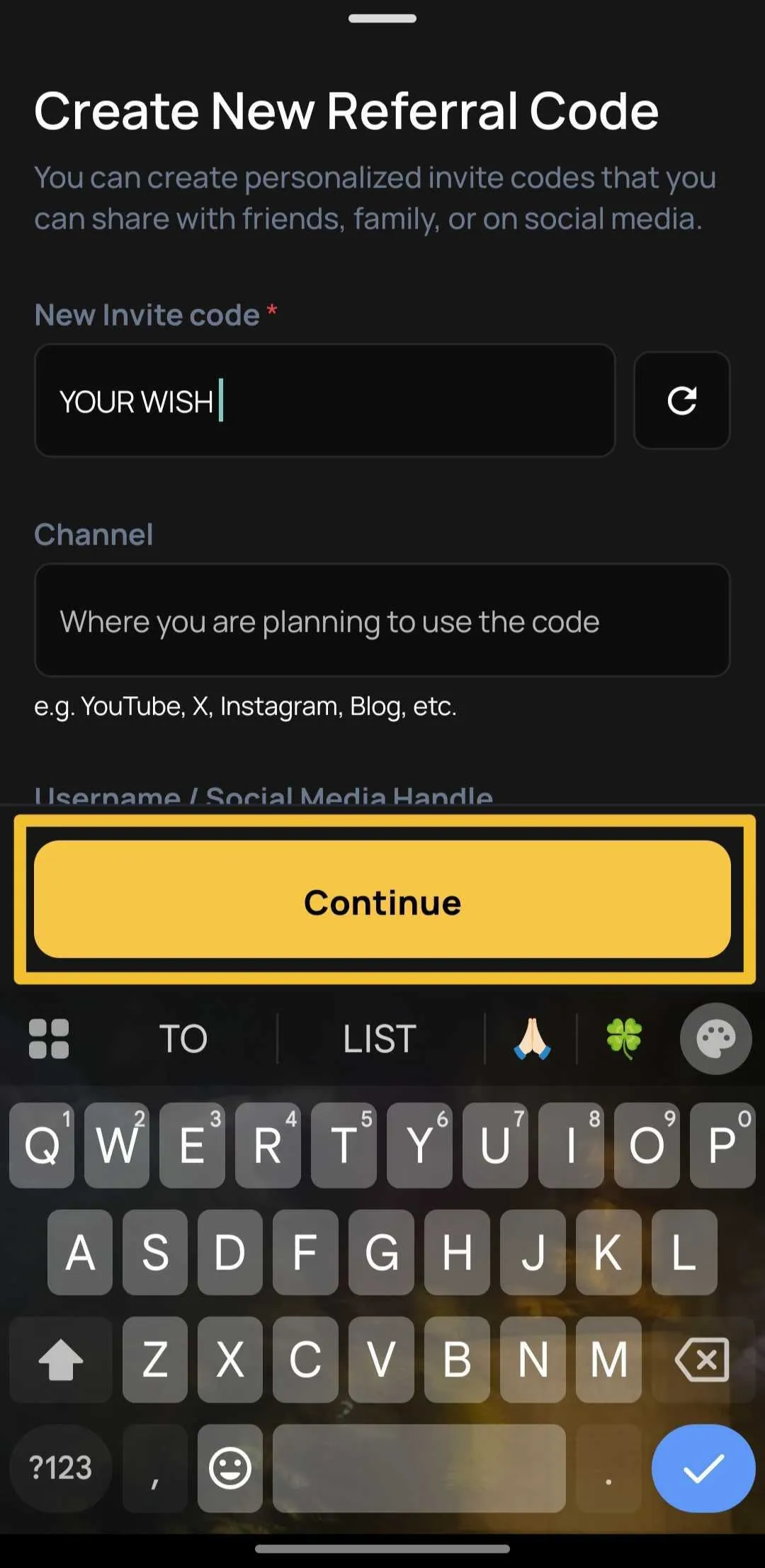 Interface to create a new invite code