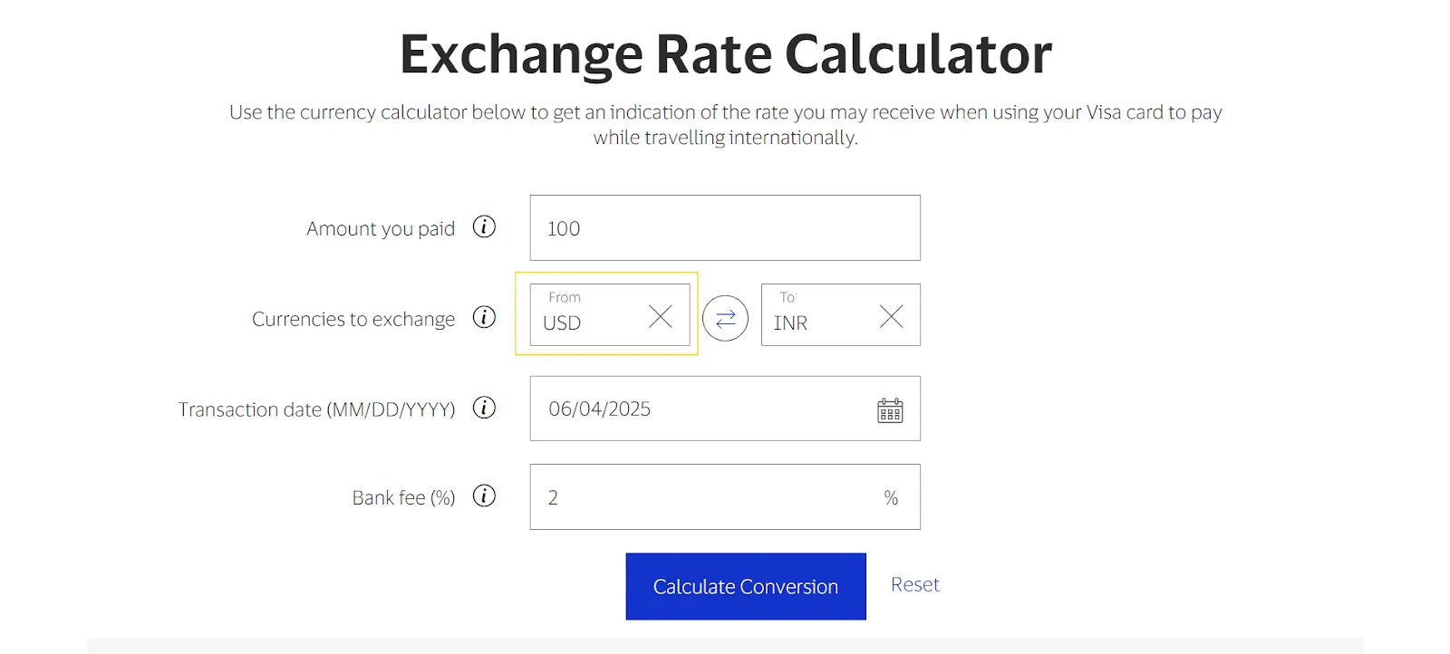Selection of transaction currency in the Visa calculator