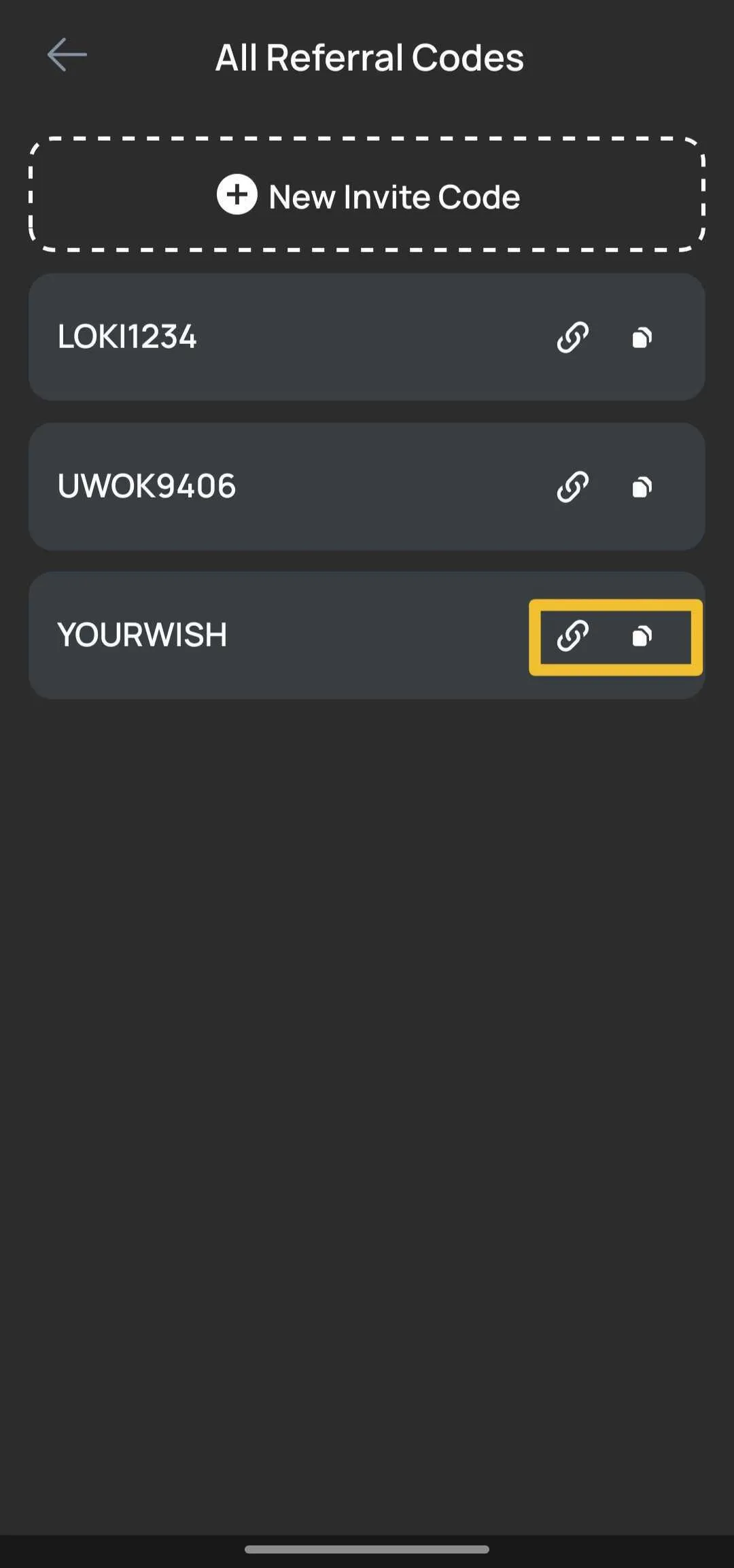 Custom referral code creation screen with a continue button