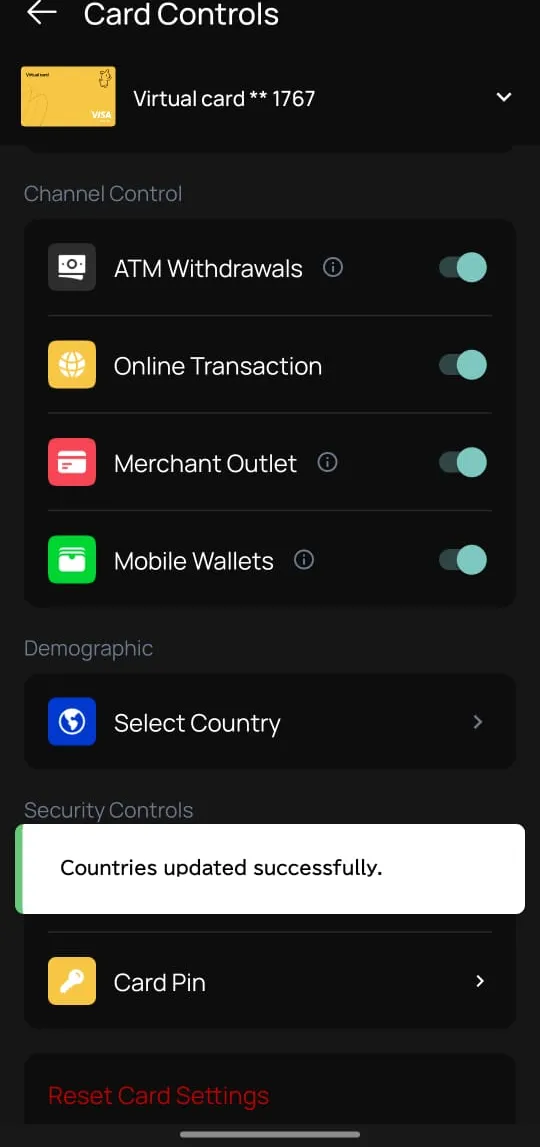 Confirmation screen showing the added country in the allowed list