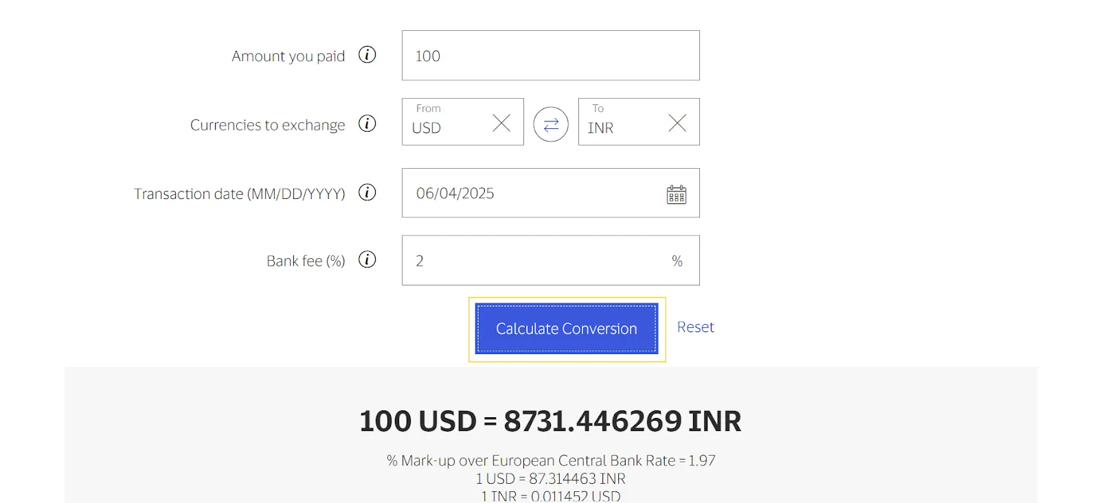 Final calculation result showing the exchange rate and total converted amount including fees